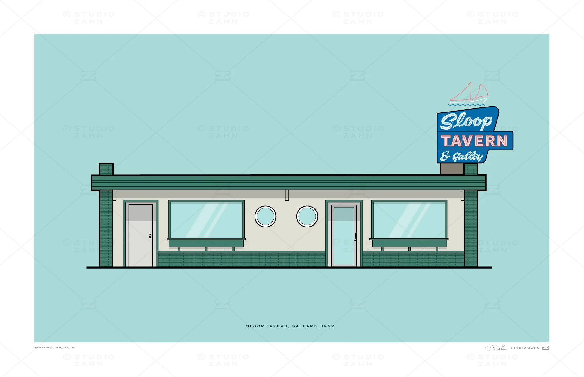 Illustration of The Sloop Tavern in Ballard, 1952, by Studio Zahn